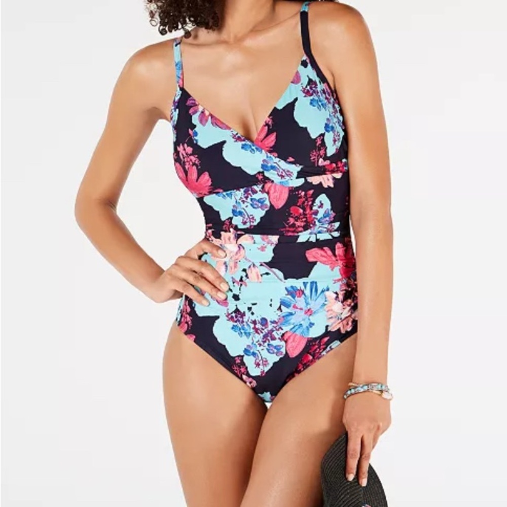 DKNY Navy Floral Print Once Piece Swimsuit Size 10